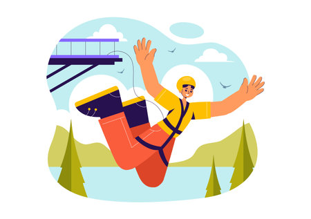 Bungee Jumping Vector Illustration featuring a Person Falling from a Great Height with an Elastic Rope in an Extreme Sport Flat Cartoon Backgroundのイラスト素材