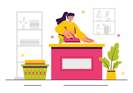 Dry Cleaning Store Service Vector Illustration featuring Washing Machines, Dryers, and Laundry Services for Clean and Fresh Clothing in a Backgroundのイラスト素材