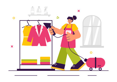Dry Cleaning Store Service Vector Illustration featuring Washing Machines, Dryers, and Laundry Services for Clean and Fresh Clothing in a Backgroundのイラスト素材