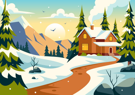 Charming Winter Village Vector Illustration featuring Cozy Houses in a Scenic Snowy Mountain Landscape, with a Serene Nature Setting in a Backgroundのイラスト素材