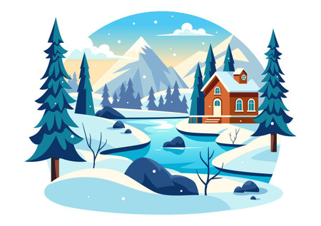 Charming Winter Village Vector Illustration featuring Cozy Houses in a Scenic Snowy Mountain Landscape, with a Serene Nature Setting in a Backgroundのイラスト素材