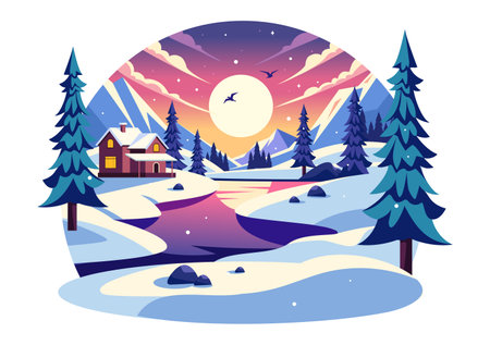 Charming Winter Village Vector Illustration featuring Cozy Houses in a Scenic Snowy Mountain Landscape, with a Serene Nature Setting in a Backgroundのイラスト素材