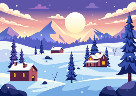Charming Winter Village Vector Illustration featuring Cozy Houses in a Scenic Snowy Mountain Landscape, with a Serene Nature Setting in a Backgroundのイラスト素材