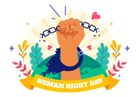 International Human Rights Day Vector Illustration on December 10 Featuring Diverse People Breaking Chains for Unity, Freedom, and Peace in Backgroundのイラスト素材