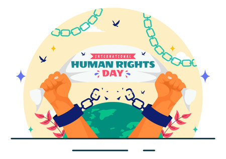 International Human Rights Day Vector Illustration on December 10 Featuring Diverse People Breaking Chains for Unity, Freedom, and Peace in Backgroundのイラスト素材