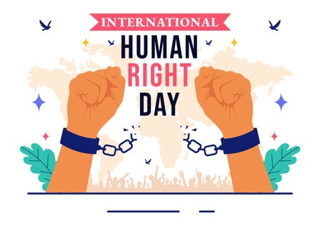 International Human Rights Day Vector Illustration on December 10 Featuring Diverse People Breaking Chains for Unity, Freedom, and Peace in Backgroundのイラスト素材