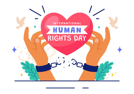 International Human Rights Day Vector Illustration on December 10 Featuring Diverse People Breaking Chains for Unity, Freedom, and Peace in Backgroundのイラスト素材