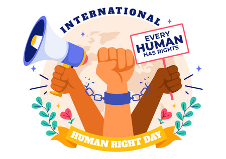 International Human Rights Day Vector Illustration on December 10 Featuring Diverse People Breaking Chains for Unity, Freedom, and Peace in Backgroundのイラスト素材