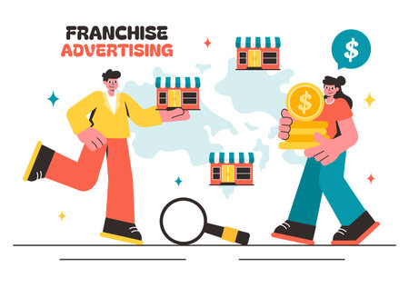 Franchise Advertising Vector Illustration featuring Business and Financial Strategies for Promoting a Successful Franchise in a Flat Backgroundのイラスト素材
