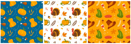 Festive Thanksgiving Day Seamless Pattern Template featuring Vibrant Flat Style Cartoon Elements for Seasonal Designs and Holiday Decorationsのイラスト素材