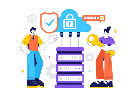 Digital Cloud Security Vector Illustration of Safety and Data Protection for Network, Internet, Hosting, and Backup Servers in a Technologicalのイラスト素材