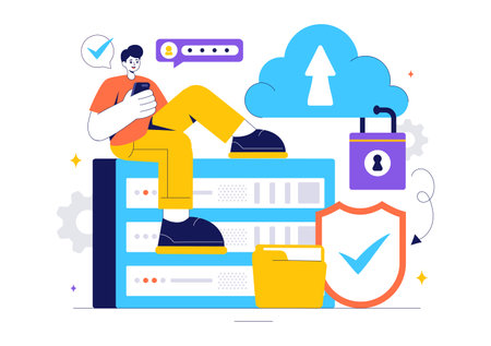 Digital Cloud Security Vector Illustration of Safety and Data Protection for Network, Internet, Hosting, and Backup Servers in a Technologicalのイラスト素材