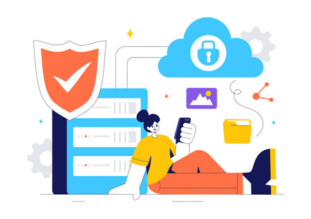 Digital Cloud Security Vector Illustration of Safety and Data Protection for Network, Internet, Hosting, and Backup Servers in a Technologicalのイラスト素材