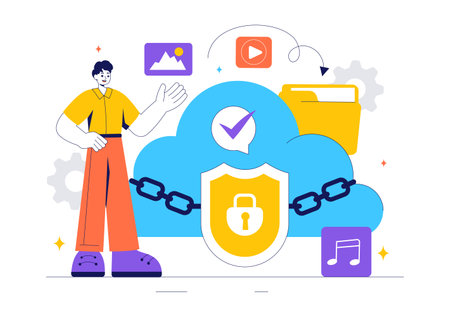Digital Cloud Security Vector Illustration of Safety and Data Protection for Network, Internet, Hosting, and Backup Servers in a Technologicalのイラスト素材