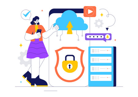 Digital Cloud Security Vector Illustration of Safety and Data Protection for Network, Internet, Hosting, and Backup Servers in a Technologicalのイラスト素材