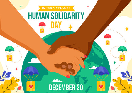 International Human Solidarity Day Vector Illustration on December 20 Featuring Earth, Hands, and Love Symbolizing Help and Support for Peopleのイラスト素材