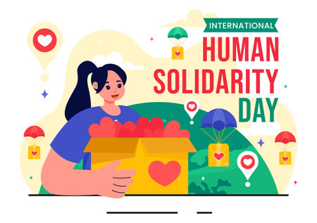 International Human Solidarity Day Vector Illustration on December 20 Featuring Earth, Hands, and Love Symbolizing Help and Support for Peopleのイラスト素材