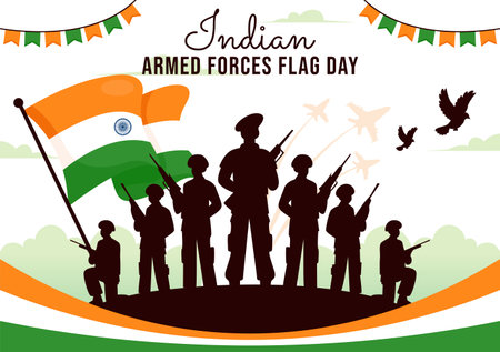 Indian Armed Forces Flag Day Vector Illustration featuring the Indian Army and Waving Flags in a National Holiday in a Flat Cartoon Style Backgroundのイラスト素材