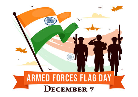 Indian Armed Forces Flag Day Vector Illustration featuring the Indian Army and Waving Flags in a National Holiday in a Flat Cartoon Style Backgroundのイラスト素材