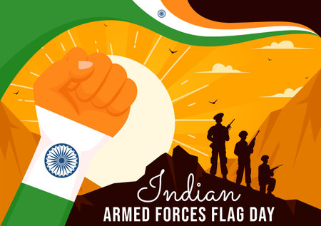 Indian Armed Forces Flag Day Vector Illustration featuring the Indian Army and Waving Flags in a National Holiday in a Flat Cartoon Style Backgroundのイラスト素材