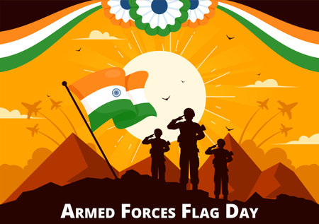 Indian Armed Forces Flag Day Vector Illustration featuring the Indian Army and Waving Flags in a National Holiday in a Flat Cartoon Style Backgroundのイラスト素材