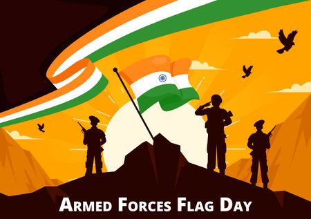 Indian Armed Forces Flag Day Vector Illustration featuring the Indian Army and Waving Flags in a National Holiday in a Flat Cartoon Style Backgroundのイラスト素材
