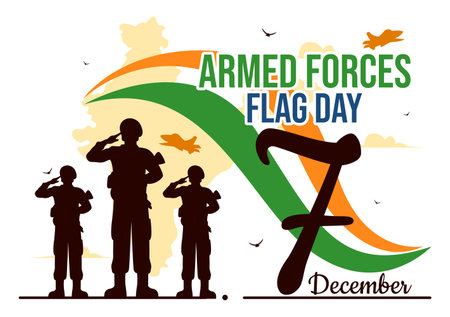 Indian Armed Forces Flag Day Vector Illustration featuring the Indian Army and Waving Flags in a National Holiday in a Flat Cartoon Style Backgroundのイラスト素材