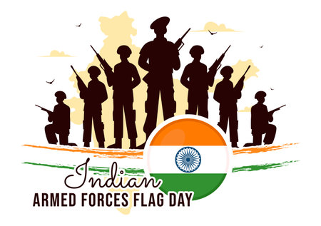 Indian Armed Forces Flag Day Vector Illustration featuring the Indian Army and Waving Flags in a National Holiday in a Flat Cartoon Style Backgroundのイラスト素材