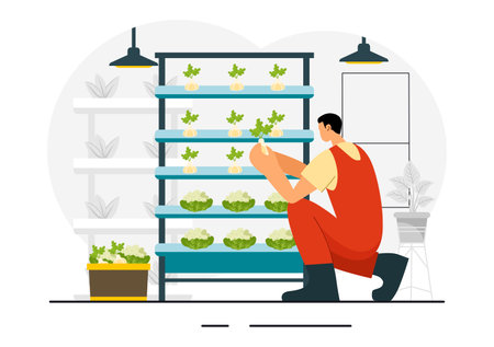Hydroponics Technology Vector Illustration featuring a Greenhouse Environment for Cultivating Green Plants in Controlled Conditions in a Backgroundのイラスト素材
