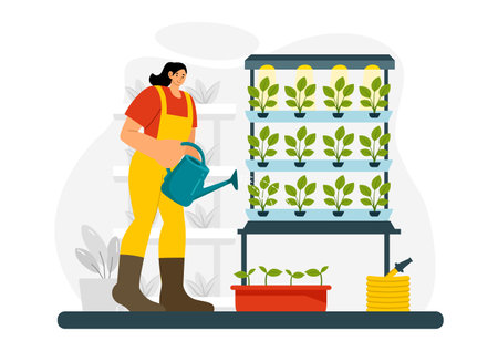 Hydroponics Technology Vector Illustration featuring a Greenhouse Environment for Cultivating Green Plants in Controlled Conditions in a Backgroundのイラスト素材