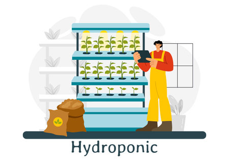 Hydroponics Technology Vector Illustration featuring a Greenhouse Environment for Cultivating Green Plants in Controlled Conditions in a Backgroundのイラスト素材