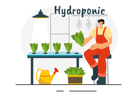 Hydroponics Technology Vector Illustration featuring a Greenhouse Environment for Cultivating Green Plants in Controlled Conditions in a Backgroundのイラスト素材