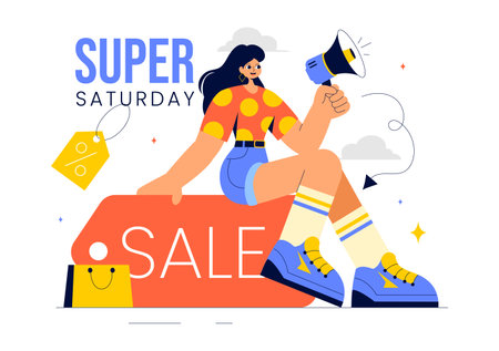 Super Saturday Sale Vector Illustration featuring Enjoy an Exciting Weekend with Amazing Discounts and Retail Shopping Offers for Clearance Dealsのイラスト素材