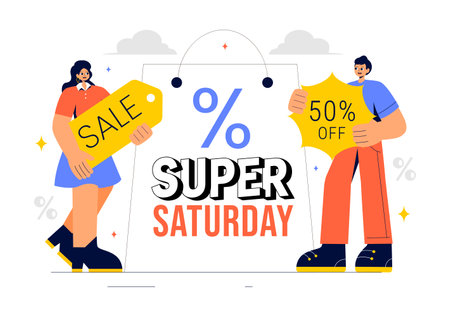 Super Saturday Sale Vector Illustration featuring Enjoy an Exciting Weekend with Amazing Discounts and Retail Shopping Offers for Clearance Dealsのイラスト素材