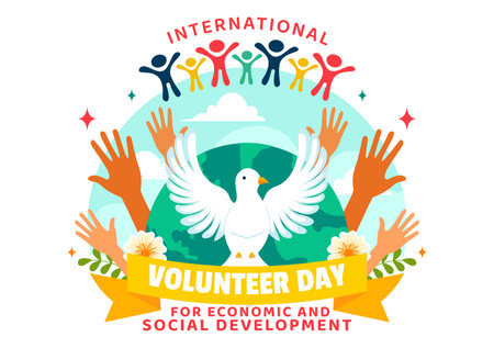 International Volunteer Day for Economic and Social Development Vector Illustration on December 5, featuring Helping Hands in a Flat Backgroundのイラスト素材