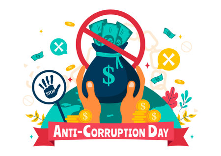 Anti Corruption Day Vector Illustration Featuring a Stop Giving Money Message with Dollar Coins, Prohibition Sign, and Chains in a Flat Backgroundのイラスト素材