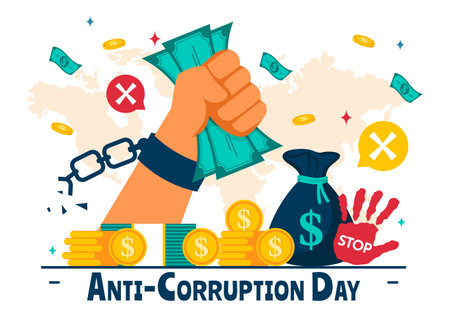 Anti Corruption Day Vector Illustration Featuring a Stop Giving Money Message with Dollar Coins, Prohibition Sign, and Chains in a Flat Backgroundのイラスト素材