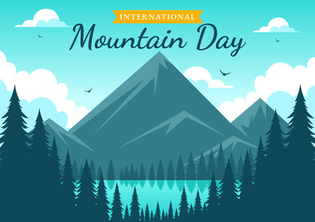 International Mountain Day Vector Illustration Celebrated on December 11, Featuring a Mountain Panorama, Green Valleys, and Trees in a Flat Backgroundのイラスト素材