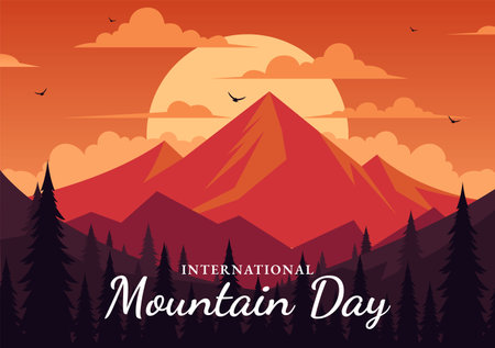 International Mountain Day Vector Illustration Celebrated on December 11, Featuring a Mountain Panorama, Green Valleys, and Trees in a Flat Backgroundのイラスト素材