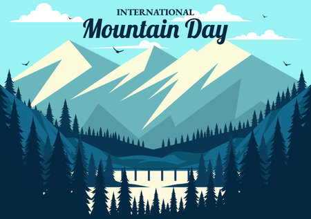 International Mountain Day Vector Illustration Celebrated on December 11, Featuring a Mountain Panorama, Green Valleys, and Trees in a Flat Backgroundのイラスト素材