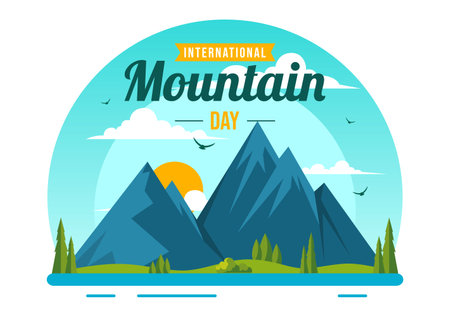 International Mountain Day Vector Illustration Celebrated on December 11, Featuring a Mountain Panorama, Green Valleys, and Trees in a Flat Backgroundのイラスト素材