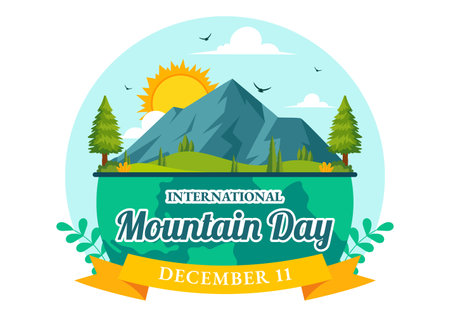 International Mountain Day Vector Illustration Celebrated on December 11, Featuring a Mountain Panorama, Green Valleys, and Trees in a Flat Backgroundのイラスト素材