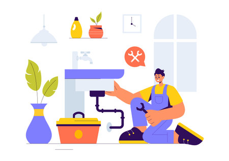 Vector Illustration of a Home Service Team featuring Cleaners, Renovation Workers, and Repairmen Building and Maintaining a House in a Flat Backgroundのイラスト素材
