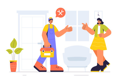 Vector Illustration of a Home Service Team featuring Cleaners, Renovation Workers, and Repairmen Building and Maintaining a House in a Flat Backgroundのイラスト素材