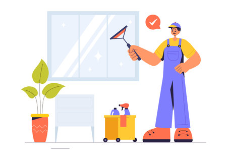 Vector Illustration of a Home Service Team featuring Cleaners, Renovation Workers, and Repairmen Building and Maintaining a House in a Flat Backgroundのイラスト素材