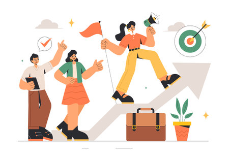 Vector Illustration of Women Leaders in Business, featuring a Female Leader in Meetings Focused on Career Growth, Victory, and Goal Achievementのイラスト素材