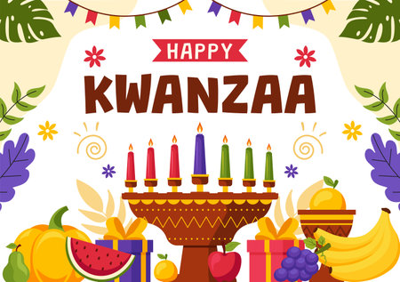 Happy Kwanzaa Vector Illustration Featuring Mazao, Zawadi, Mkeka, Kinara, Gifts, and Candles as Traditional African Holiday Symbols in a Backgroundのイラスト素材