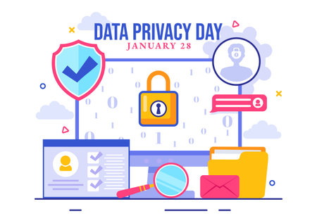 Data Privacy Day Vector Illustration featuring a Lock on a Screen, Representing Secure Information, Documents and Data Protection in a Flat Backgroundのイラスト素材