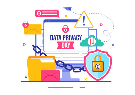 Data Privacy Day Vector Illustration featuring a Lock on a Screen, Representing Secure Information, Documents and Data Protection in a Flat Backgroundのイラスト素材
