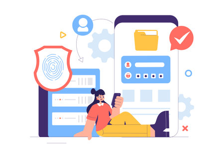 Cyber Security Vector Illustration of Data Protection, Safety Measures, and Secure Systems for Networks, Internet, and Backup Servers in a Backgroundのイラスト素材